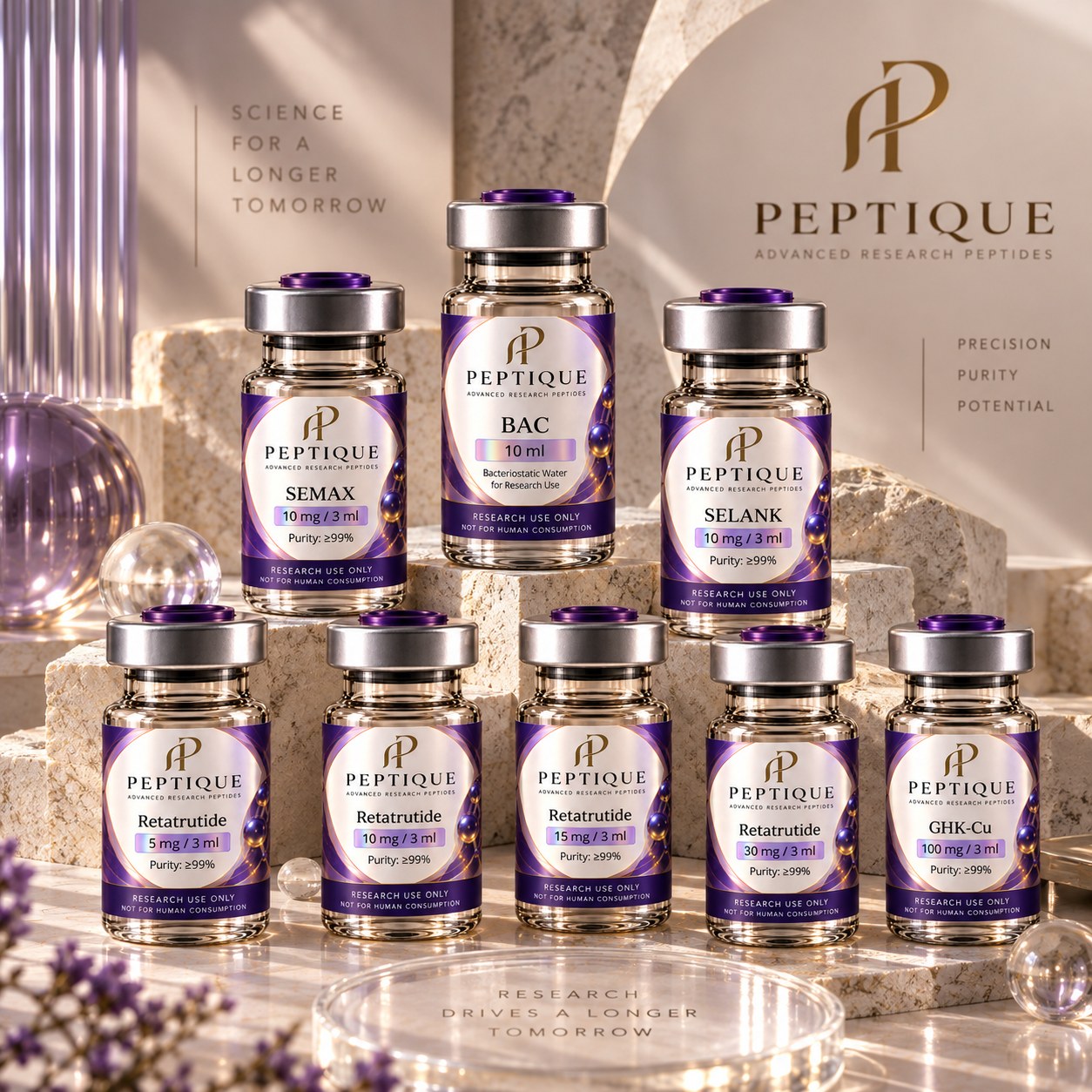 PEPTIQUE research peptide vial and box